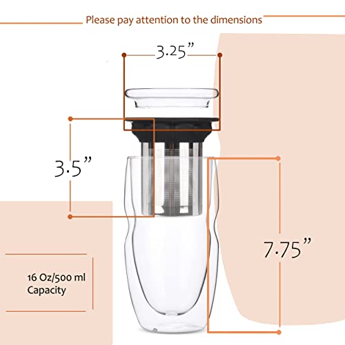 Btat- Double Wall Glass Tea Cup With Stainless Steel Infuser, 500Ml 16Oz Glass, Tea Cup With Lid, Tea Infuser Cup, Tea Cup With Filter, Tea Cup With Infuser, Tea Gifts For Tea Lover, Mother's Day Gift #TOP2