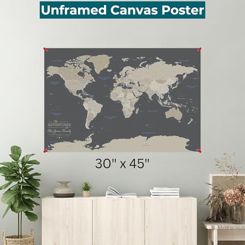 Image of Neutral World Push Pin Map Poster on Canvas - Personalized Travel Tracker Map - Large 30 inch x 45 inch - World Wall Art
