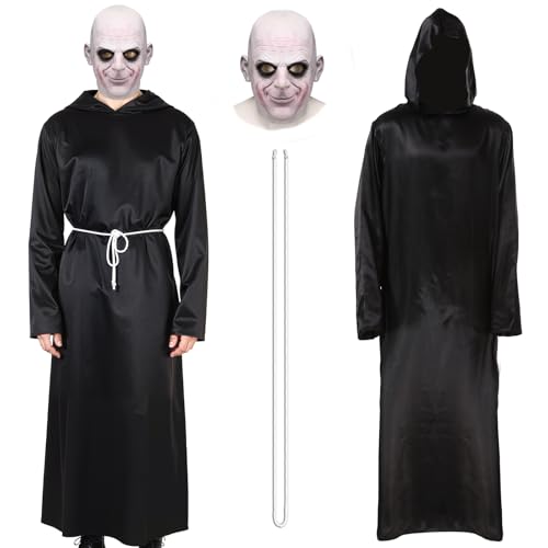 AENEY 2PCS Adult Men Uncle Freak Costume with Gothic Cosplay Mask Black Robe Uncle Outfit for Halloween Party Dress Up (2XL-3XL)