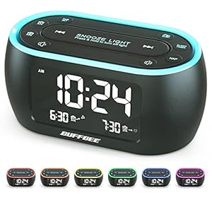 Buffbee Nachtkastwekkerradio met 7-kleuren nachtlampje, dubbel alarm, snooze, dimmer, USB-oplader, Nap timer, digitale wekker met FM-radio en auto-off-timer, op netvoeding met batterij-back-up
