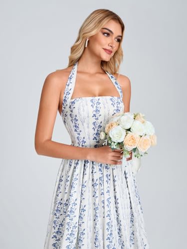 Image of Parthea Women's Floral Halter Corset Midi Dress 2026 Elegant Smocked Flowy Wedding Guest Dresses with Pockets
