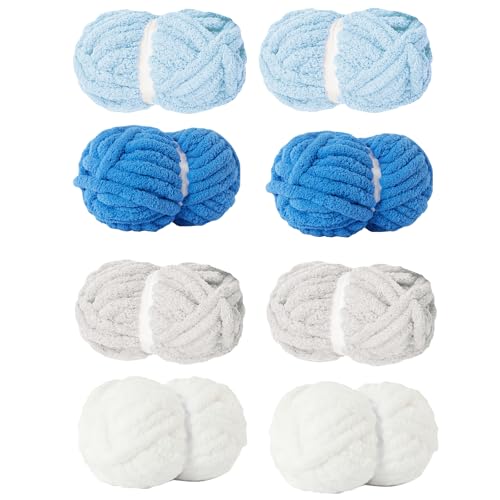 Image of Chunky Yarn for Hand Knitting Soft Jumbo Bulky Fluffy Chenille Yarn for Crocheting Blanket Scarf DIY 8 Pack (Blue+Light Blue+Light Grey+White, 28yds, 8 Ounces Each)