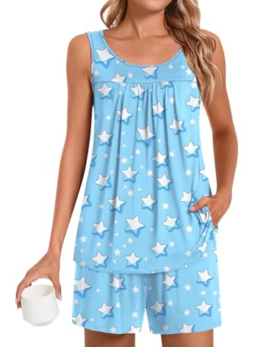 Image of POPYOUNG Pajama Set for Women Summer 2 Piece Lounge Shorts Sets Sleepwear | Womens Pajama Sets Cooling pijamas de mujer for Summer with Pockets Sleeveless Nightwear Outfits Pjs Shorts Set