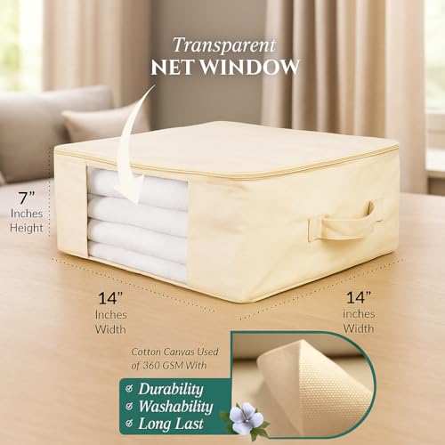 Image of Cotton Canvas Storage Bags for Sarees & Lehengas | Pack of 3 | Zip Closure with Transparent Window | Foldable Clothes Organizer for Wardrobe (17 x 14 x 7 inch, Beige)