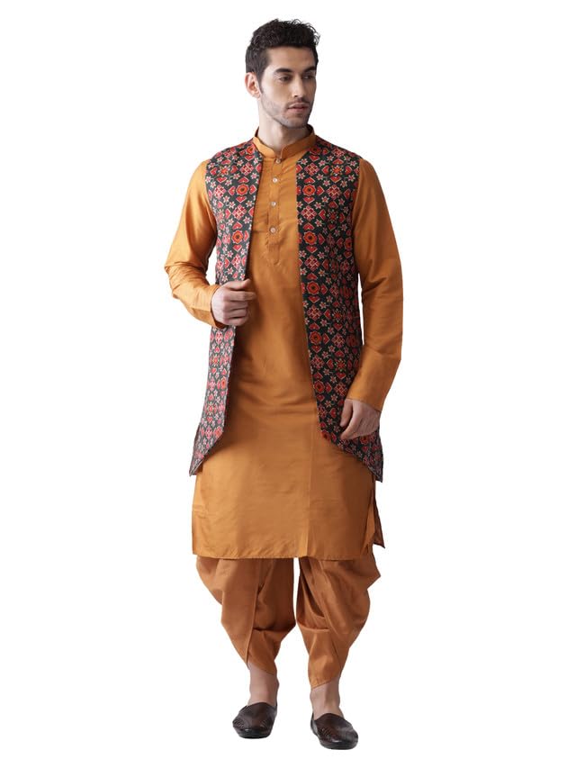 Mens Dhoti Kurta Jacket Set, Cotton Blend Printed Mandarin Collar Long Sleeves, Multi Ethnic Wear Set for Men-image-19