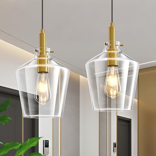 Image of Glass Pendant Lighting for Kitchen Island Entryway 2 Pack Gold Clear 8 Inch | Adjustable cord Dimmable, E26 bulbs, Rust-resistant Damp Rated For Bathrooms, 5-Year Manufacturer Warranty, UL Certification