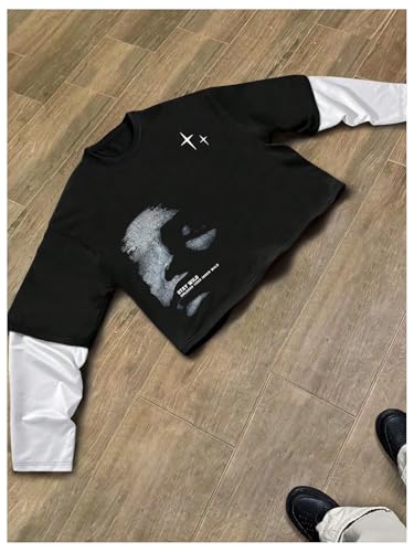 Image of VIPWOLF Men's Number Graphic Long Sleeve Jersey Shirts Oversized Y2K Round Neck 2 in 1 T-Shirts Streetwear Top