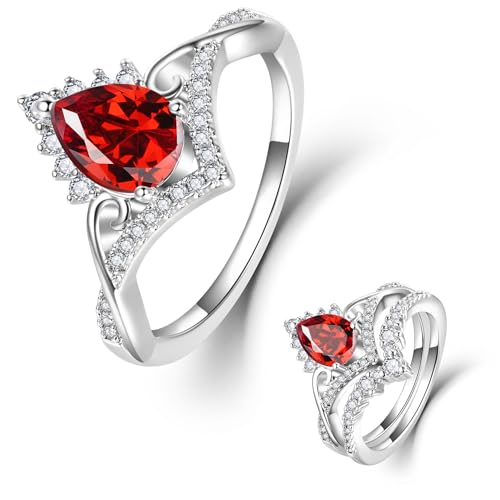 LEXLUNE Wedding Rings For Women Engagement Ring AAAAA CZ S925 Sterling Silver 1Ct Pear Teardrop Cut January Birthstone Garnet Ring Size 8