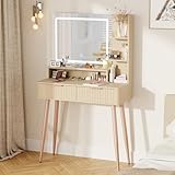 IKALIFE Fluted Makeup Vanity Desk with Mirror and Lights, 3 Color Modes & Adjustable Brightness Dressing Table, Small Vanity Table Set with 2 Drawers & Storage Shelves for Bedroom, Oak 31.5'