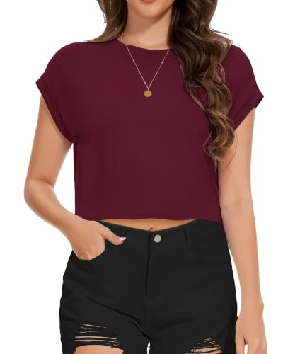 Image of Womens Crop Tops Summer Roll Cap Sleeve Cropped Tshirt Loose Fit Basic Tees