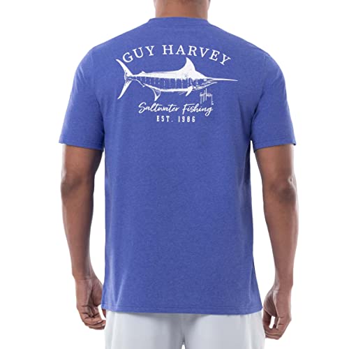 Guy Harvey Men’s Threadcycled Short Sleeve Pocket T-Shirt, Heather Royal/Marlin Sketch, X-Large