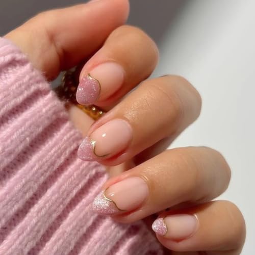 XZMeiLun Nude+Pink Cat Eye French Tip Press on Nails Short Almond, with Gold Line French Fake Nails, Reusable Glue-On Stick Nails for Women. Stylish Design with Suitable for Weddings Parties on Nails