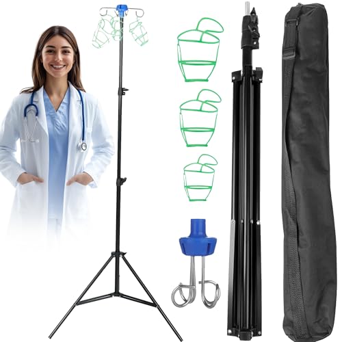 Infusionsständer zusammenklappbares Infusions-Dreibeinstativ tragbarer mobiler Infusionsständer 190 cm/75 Zoll höhenverstellbar mit 4 Haken und 3 Bremsrädern mobiler Infusionsständer für die häusl