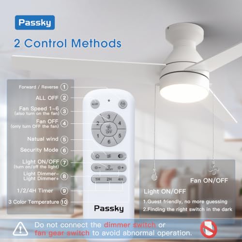 Image of Passky 52 Inch White Low Profile Ceiling Fan with Light, Pull Chain&Remote | Flush mount, pull chain, remote, 3-color dimmable light, quiet reversible DC motor, easy install, memory, timer, bedrooms