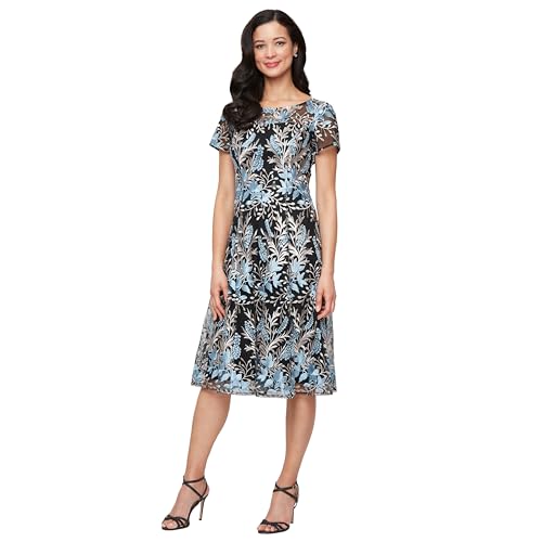 S.L. Fashions Women's Tea Length Cap Sleeve Illusion Neckline Embroidered Lace Dress