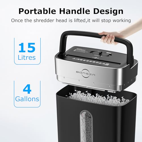 Image of Bonsen 10-Sheet Cross Cut Paper Shredder for Home Office Heavy Duty | P-4, Portable Handle, 4 Gallons Bin, Paper and Credit Card Shredder, Black (S3201 New Version)