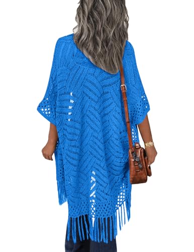Image of HOTOUCH Womens Knit Cardigan Open Front Outwear Hollow Out Crochet Tassel Lightweight Kimonos Sweater S-XXL
