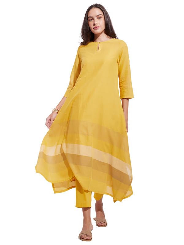 Cotton Stripe Play Asymmetrical Kurta Set - Yellow-image-12