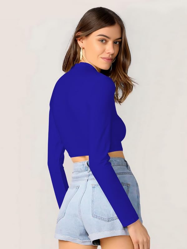 Dream Beauty Fashion Women's Round High Neck Full Sleeves Stylish Slim Fit Crop Top Polyester Blend Tshirt (Tally Royal Blue-Medium) 3