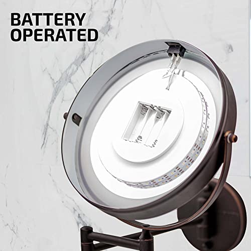 Image of OVENTE 9 inch Wall Mounted Lighted Makeup Mirror, Antique Bronze MFW85ABZ1X7X | Cordless Double Sided 1X /7X Magnifying Mirror for Bathroom with LED Lights, 360 Rotation, Extendable Arm, Battery Operated