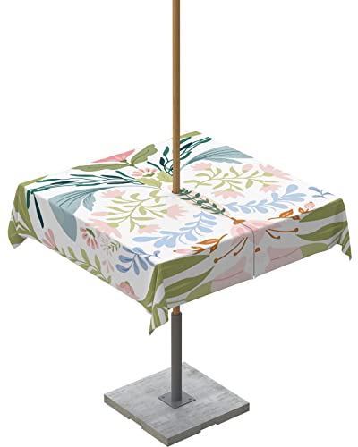 Green Blue Pink Floral Outdoor Indoor Table Cloth Square Table 54x54, Rustic Ethnic Boho Flowers Botanical Washable Waterproof Tablecloth with Umbrella Hole Zipper for Parties Pool Patio Coffee