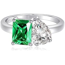 BONLAVIE Anillo de compromiso para mujer, anillo de plata de ley 925, anillo de compromiso de doble piedra, anillo de plata 925 para mujer, anillo Toi et Moi, anillo de tú y yo, anillo de esmeralda