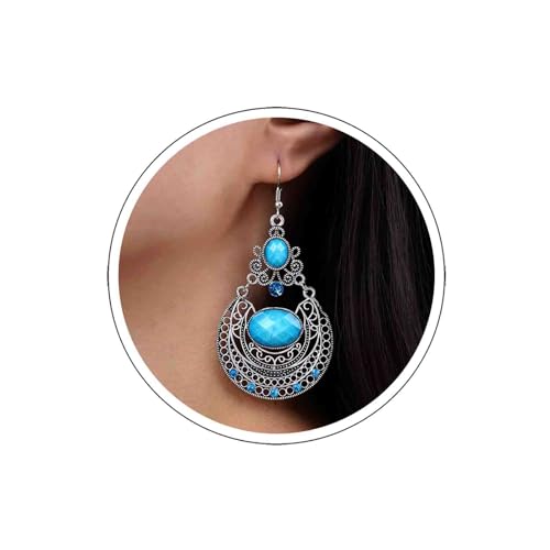 Atentuyi Pendientes Boho Turquesa Plata Zafiro Grande Pendientes Colgantes Cristal Azul Pendientes De Gancho Pendientes Grandes Filigrana Gitana Pendientes Vintage Tribal India Pendientes Retro