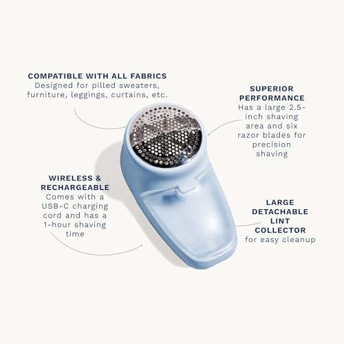 Nori Trim Fabric Shaver - Lint Remover for Clothes & Furniture Couch Pilling - Sweater Pill Remover - Clothes Shaver with 6 Precision Blades - Wireless and Rechargeable - Blue - Image 5