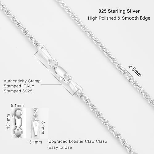 925 Sterling Silver Rope Chain Lobster Clasp 2.5mm Silver Chain for Men Women Silver Necklace Chain 16-30 Inches3