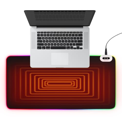 RNPKZ Tapis de Souris Chauffant, 80 x 40 cm Tapis de Souris avec Fonction Chauffante, Tapis de Bureau Chauffant avec 7 Couleurs LED et température réglable 35-65° pour Bureau à la Maison Hiver (Noir)