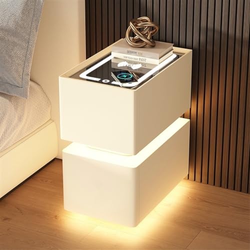 Table de chevet intelligente et étroite avec chargement sans fil, table de chevet LED, 2 tiroirs, plateau en verre trempé, cuir microfibre, idéale pour les...