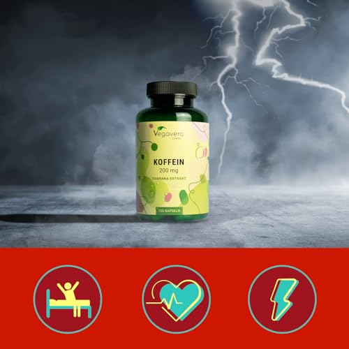 Koffein Kapseln Vegavero | 200 mg natürliches Caffeine | Aus Guarana Extrakt | Laborgeprüft & Vegan | Hochdosiert | Ohne Füll- und Zusatzstoffe | Deutsche Produktion