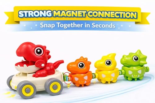 Image of Cable World Magnetic Dinosaur Train Toy for Kids 3+ | Pull Back Press & Go Dino Car with 3 Baby Dinosaurs | Magnetic Linking with Whistle Sound | Educational Toddler Toy Gift for Kids (Multi Color)
