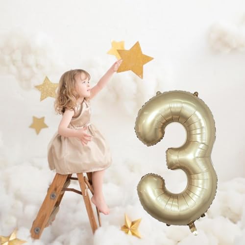 Image of Large Light Gold 3 Balloons, 40 Inch Metallic Champagne Gold Helium Mylar Foil Globos Numero for Boys Girls, Self Inflating 3rd Birthday Balloon for Women Men Anniversary Party Decorations Supplies