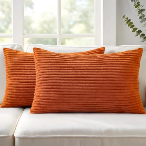 Image of Mecatny Corduroy Fall Decorative Throw Pillow Covers 12x20 Set of 2 for Sofa Living Room, Soft Neutral Boho Couch Pillow Covers for Home Decor, Burnt Orange