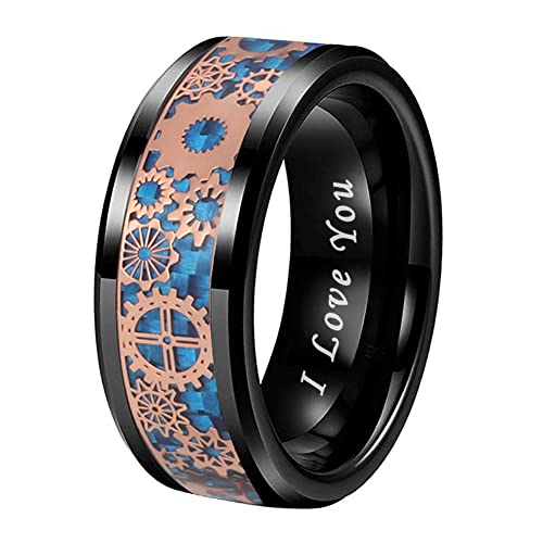 8mm Blue Red Green Carbon Fiber Steampunk Gear Inlay Silver and Black Tungsten Rings for Men Women Wedding Bands Beveled Edges I Love You Engraved Comfort Fit