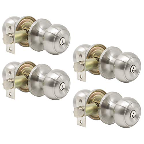 Knobonly 4 Pack Brushed Nickel Keyed Entry Combo Door Knobs, Exterior Entry Door Handles Keyed Alike, Flat Ball Shape, Door Knobs #TOP23