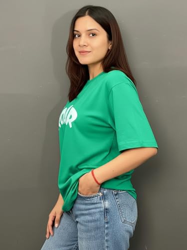 Image of LEOTUDE Half Sleeve Cottonblend Oversized Tshirt for Women, Round Neck Longline Printed Raglan Sleeve Colourblocked Drop Shoulder Baggie T-Shirt Top for Woman (Color Pink)