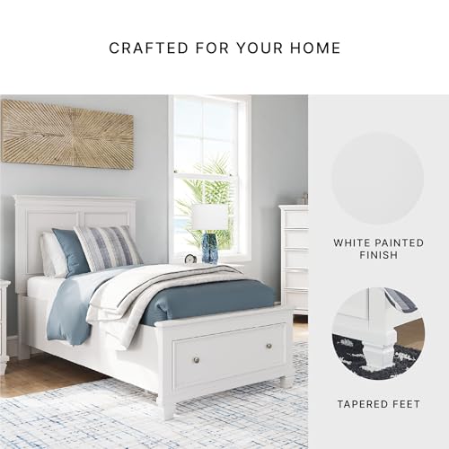 Image of Signature Design by Ashley Fortman Twin Panel Storage Bed, White | Wood and engineered wood, 1 extra deep footboard drawer, Includes roll slats, Traditional style, Youth bedroom furniture