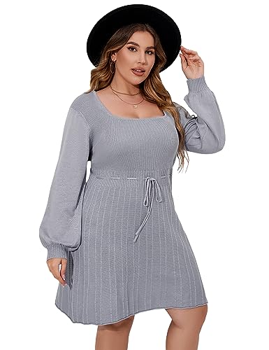 Image of Women's Plus Size Casual Sweater Dress Square Neck Long Lantern Sleeve Tie Waist Loose Pullover Sweater Dresses