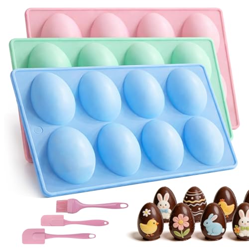 Easter Egg Silicone Molds for Baking 3Pcs 24 Cavity Non-Stick Egg-Shaped Chocolate Mold and Tool Set Suitable for Candy Cake Pop Soap Ice Cube and Jelly Baking Supplies