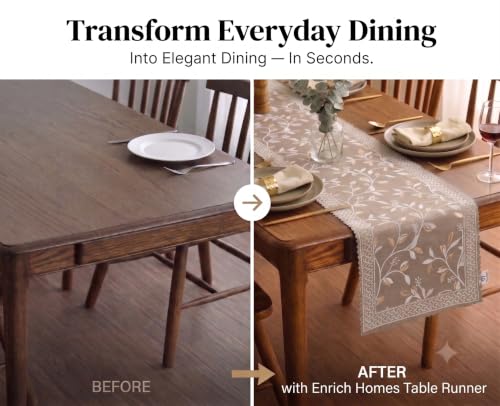 Image of Premium Embroidered Dining Table Runner 6 Seater | Washable Heat Resistant Fabric | Cotton-Silk Blend | Fits 4 & 8 Seater Dining Table | Centre Table Decor | 13 x 72 Inch | Beige