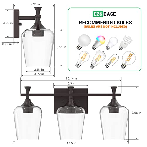 Qingmiao Bathroom Light Fixtures, 3 Light Bathroom Vanity Light, Industrial Bathroom Lights Over Mirror, Metal Modern Vanity Lights For Bathroom, Farmhouse Wall Sconce Lighting With Clear Glass Shade #TOP2