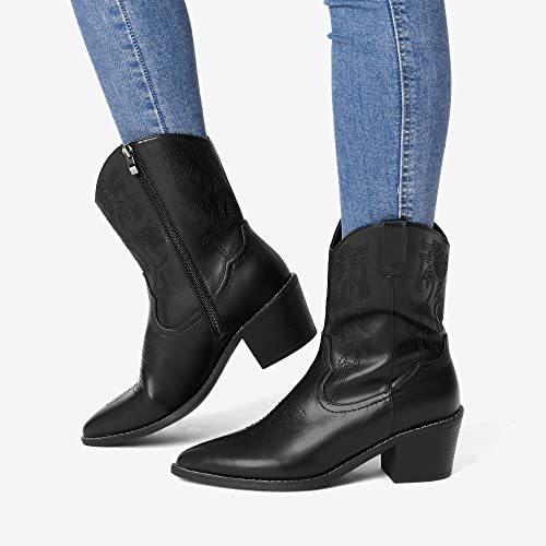 Image of DREAM PAIRS Women's Cowboy Boots, Pointed Toe Chunky Heel, Zipper Pull-On Stitched Western Ankle Boots