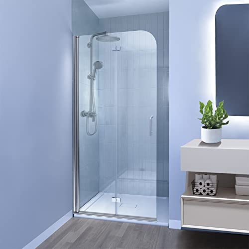 Grogro Frameless Bifold Glass Shower Door,34" W X 72" H Pivot Folding Shower Door,1/4 In Thick Clear Tempered Glass Shower Panel,Chrome Finish Shower Doors,Reversible Installation #TOP6