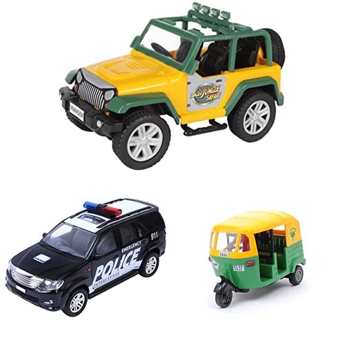 Image of Centy Toys Ranger Jungle Pull Back Safari (Multicolor) Police Interceptor Fortune Pull Back Car (Black) CNG Pull Back Auto Rickshaw