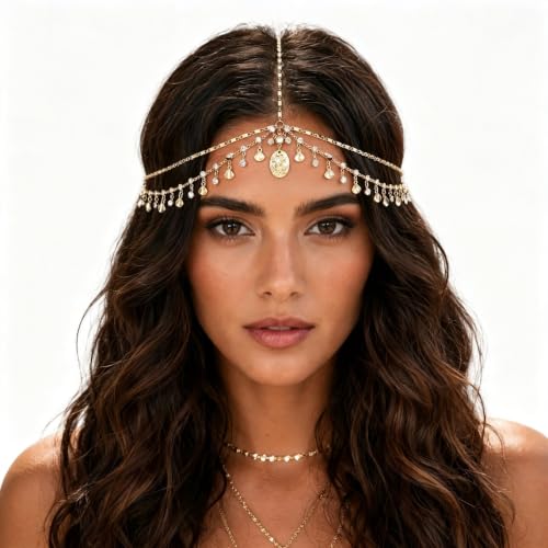 Bijoux de Tête Dorée Strass, Bijou Cheveux Femme Chaine Or Ajustable