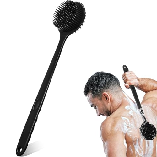 Silicone Body Scrubber for Shower with Long Handle, Double Sided Shower Brush for Shower Exfoliating and Massage, Long Handle Back Scrubber, Shower Brush for Exfoliating Skin and A Soft Scrub (Black)