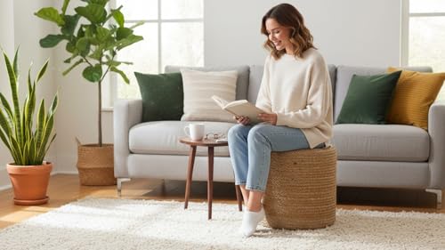 Image of Cotton Dori Ottoman Pouf for Seating|Cotton Dori Pouffe for Footrest Filled with Bean Balls|Ottoman Pouf Stools for Living Roombedroom, 30D x 30W x 30H Centimeters Beige