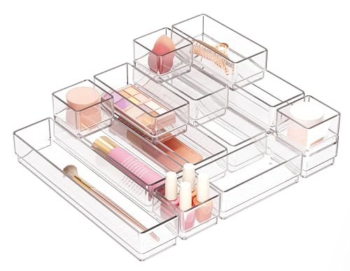 DCA 14-Piece Clear Drawer Organizers Set, 4 Sizes Storage Trays for drawers in Bathroom, Kitchen, Vanity or Office desk, Medicine Cabinet